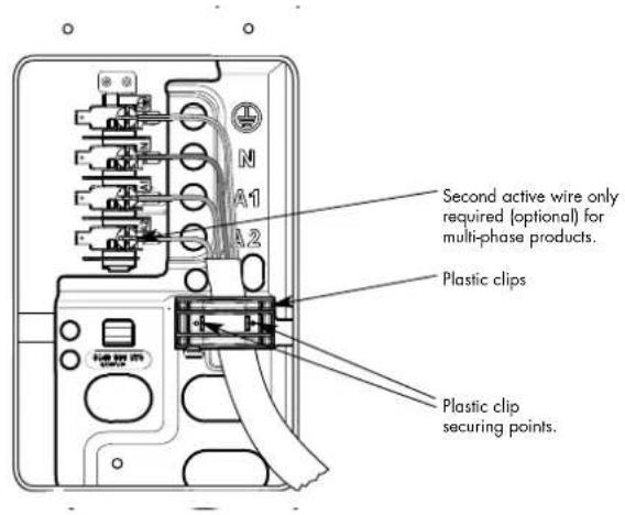 Second active wire only required (optional) for multi-phase products. Plastic clips Plastic clip securing points.