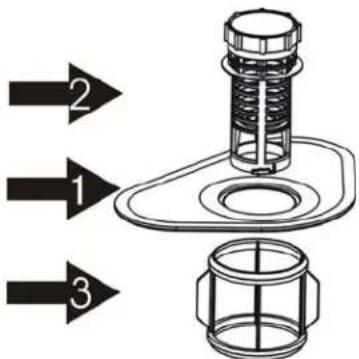 Technical diagram of a mechanical assembly with numbered parts and directional arrows indicating assembly steps.