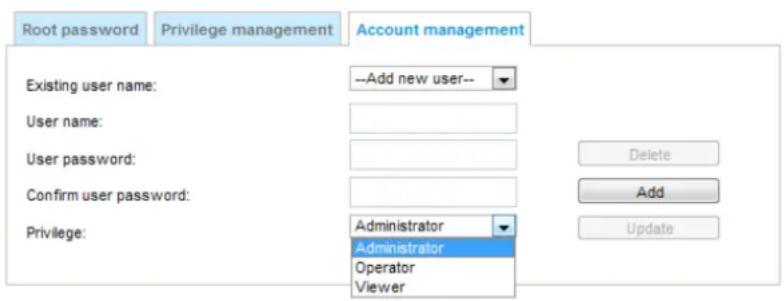 Root password Privilege management Account management Existing user name: --Add new user-- User name: User password: Confirm user password: Privilege: Administrator Administrator Operator Viewer Delete Add Update