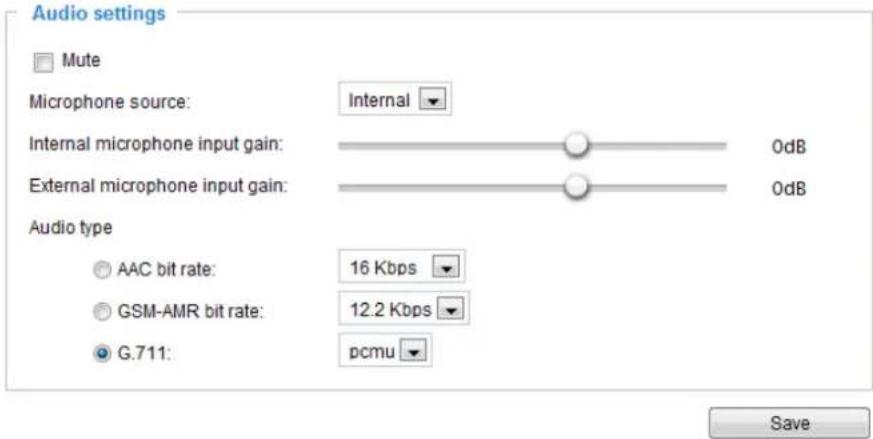 Audio settings Mute Microphone source: Internal Internal microphone input gain: 0dB External microphone input gain: 0dB Audio type AAC bit rate: 16 Kbps GSM-AMR bit rate: 12.2 Kbps G.711: pcmu Save