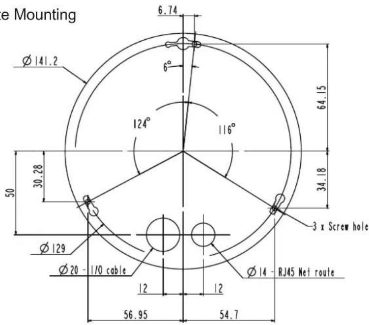e Mounting Ø 141.2 6.74 6° 124° 116° 30.28 50 34.18 3 x Screw hole Ø 129 Ø 20 - 1/10 cable 12 12 56.95 54.7 Ø 14 - RJ45 Net route