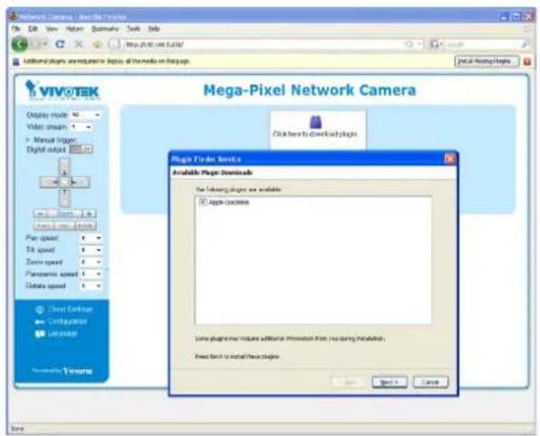 Network Camera / New Net Provider File Edit View Insert Tools Help Help Additional plugins are required to display all the media on https. VIVOTEK Mega-Pixel Network Camera Click here to download plugins Plug Provider Services Available Plugin Downloads The following plugin are available: Apple-Codeless Some plugin has more additional information from this device's installation. Press back to install these plugins Next > Cancel Save