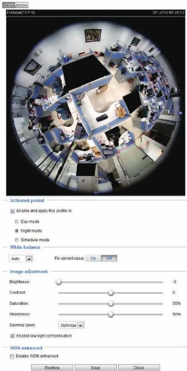 Fisheye(TCP-V) 2012/7/2 09:28:12 Activated period Enable and apply this profile to Day mode Night mode Schedule mode White balance Auto Fix current value: On Off Image adjustment Brightness: -5 Contrast: 0 Saturation: 50% Sharpness: 50% Gamma curve: Optimize Enable low light compensation WDR enhanced Enable WDR enhanced Restore Save Close
