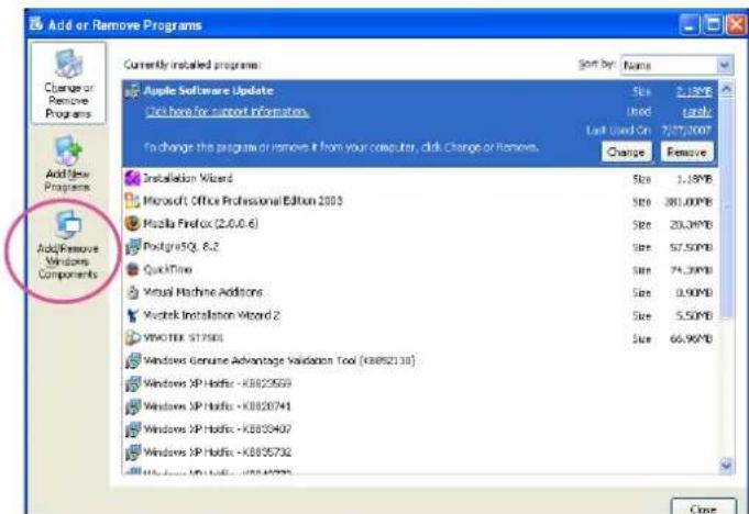 Add or Remove Programs Currently installed programs: Apple Software Update Click here for support information. To change the program or remove it from your computer, click Change or Remove. Size: 2.18MB Used: 7/27/2007 Last Used On: 7 Change: Remove Installation Wizard Microsoft Office Professional Edition 2003 Macilla Findbox (2.6.0.6) PostgreSQL 8.2 QuickTime Visual Machine Additions Worktek Installation Wizard 2 VMOC-TEK 517501 Windows Genuine Advantage Validation Tool (KB892138) Windows XP Hotfix - KB823559 Windows XP Hotfix - KB800741 Windows XP Hotfix - KB803407 Windows XP Hotfix - KB895732 Close