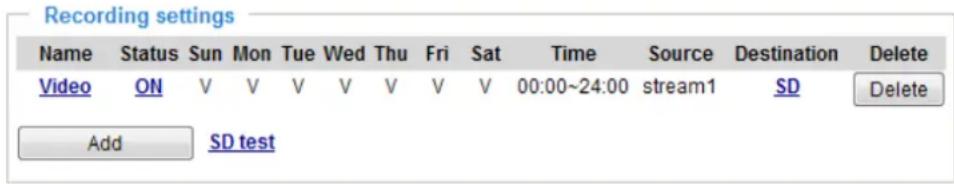 Recording settings Name Status Sun Mon Tue Wed Thu Fri Sat Time Source Destination Delete Video ON V V V V V V 00:00~24:00 stream1 SD Delete Add SD test