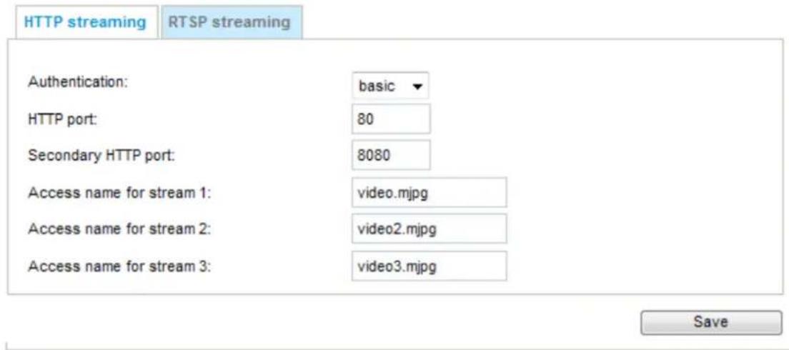 HTTP streaming RTSP streaming Authentication: basic HTTP port: 80 Secondary HTTP port: 8080 Access name for stream 1: video.mjpg Access name for stream 2: video2.mjpg Access name for stream 3: video3.mjpg Save