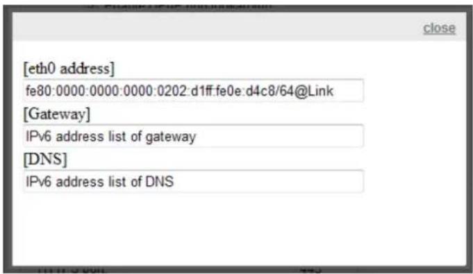 [eth0 address] fe80:0000:0000:0000:0202:d1ff.fe0e:d4c8/64@Link [Gateway] IPv6 address list of gateway [DNS] IPv6 address list of DNS