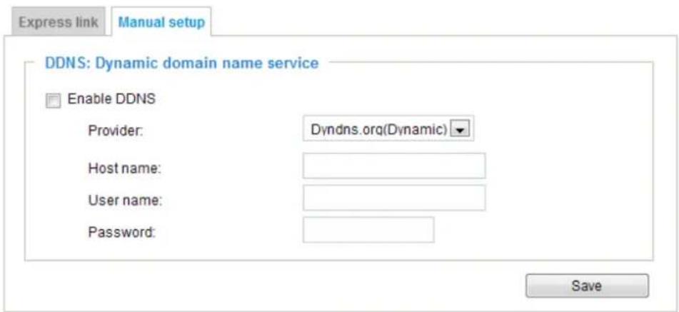 Express link Manual setup DDNS: Dynamic domain name service Enable DDNS Provider: Dyndns.orq(Dynamic) Host name: User name: Password: Save