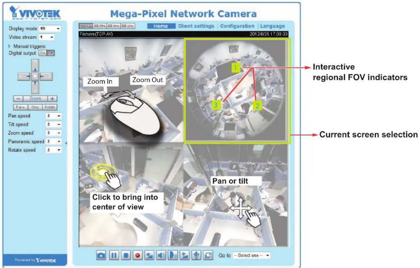 Mega-Pixel Network Camera Display mode 1R Video stream 1 Manual triggers: Digital output On Off Zoom In Zoom Out Pan Speed 2 Tilt speed 2 Zoom speed 3 Panoramic speed 2 Rotate speed 2 Click to bring into center of view Pan or tilt Go to -Select one - Home Client settings Configuration Language Flingeye(TCP-AV) 2012/6/20 17:08:33 Interactive regional FOV indicators Current screen selection
