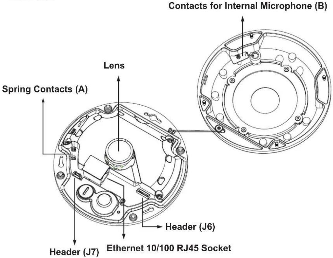 Contacts for Internal Microphone (B) Lens Spring Contacts (A) Header (J6) Header (J7) Ethernet 10/100 RJ45 Socket