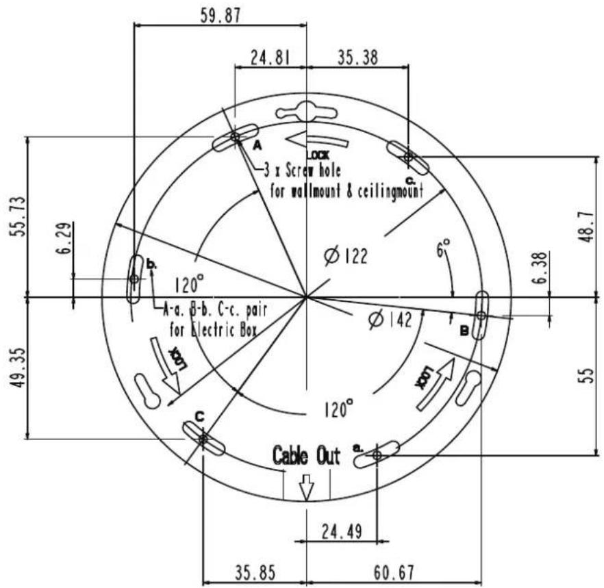 59.87 24.81 35.38 3 x Screw hole for wallmount & ceilingmount A C 6.29 48.7 6.38 120° Ø 122 A-a, B-b, C-c, pair for Electric Box Ø 142 C 120° 55 49.35 Cable Out 24.49 35.85 60.67