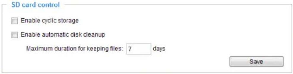 SD card control Enable cyclic storage Enable automatic disk cleanup Maximum duration for keeping files: 7 days Save
