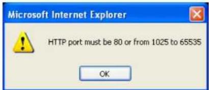 Microsoft Internet Explorer HTTP port must be 80 or from 1025 to 65535 OK
