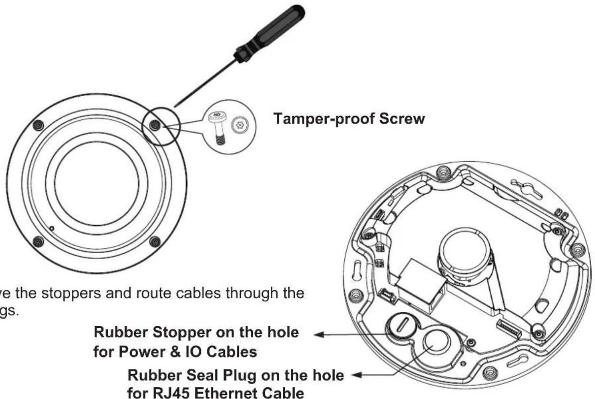 Tamper-proof Screw Use the stoppers and route cables through the gs. Rubber Stopper on the hole for Power & IO Cables Rubber Seal Plug on the hole for RJ45 Ethernet Cable