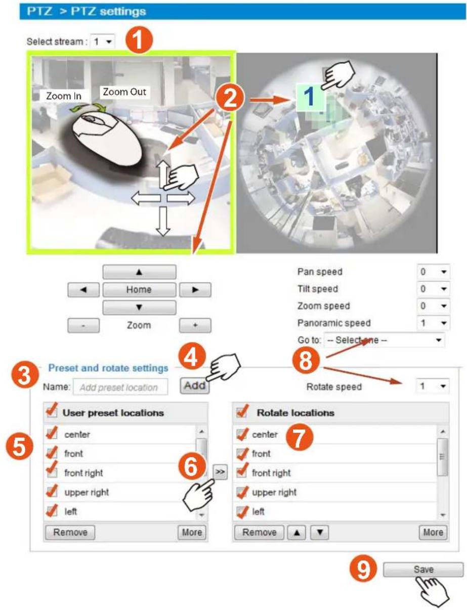 PTZ > PTZ settings Select stream: 1 Zoom In Zoom Out 2 1 Pan speed 0 Tilt speed 0 Zoom speed 0 Panoramic speed 1 Go to: -- Select one -- 3 Preset and rotate settings Name: Add preset location Add 4 8 Rotate speed 1 5 User preset locations center front front right upper right left Remove More 6 7 Rotate locations center front front right upper right left Remove More 9 Save