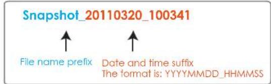 Snapshot_20110320_100341 File name prefix Date and time suffix The format is: YYYYMMDD_HHMMSS