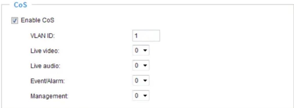 CoS ✓ Enable CoS VLAN ID: 1 Live video: 0 ▼ Live audio: 0 ▼ Event/Alarm: 0 ▼ Management: 0 ▼