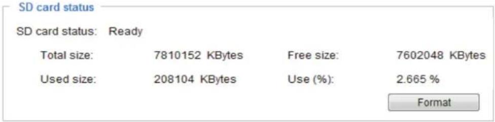 SD card status SD card status: Ready Total size: 7810152 KBytes Free size: 7602048 KBytes Used size: 208104 KBytes Use (%): 2.665 % Format