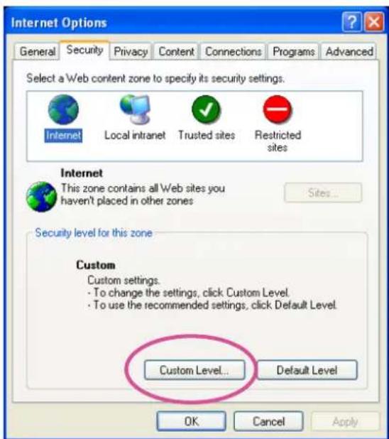 Internet Options General Security Privacy Content Connections Programs Advanced Select a Web content zone to specify its security settings. Internet Local intranet Trusted sites Restricted sites Internet This zone contains all Web sites you haven't placed in other zones Sites... Security level for this zone Custom Custom settings. • To change the settings, click Custom Level. • To use the recommended settings, click Default Level. Custom Level... Default Level OK Cancel Apply