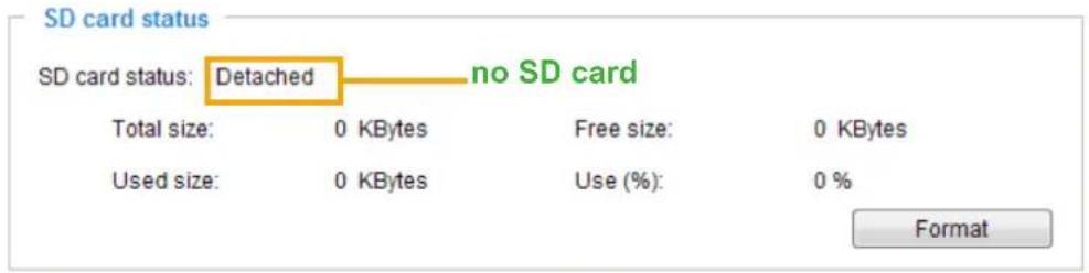 SD card status SD card status: Detached no SD card Total size: 0 KBytes Free size: 0 KBytes Used size: 0 KBytes Use (%): 0 % Format