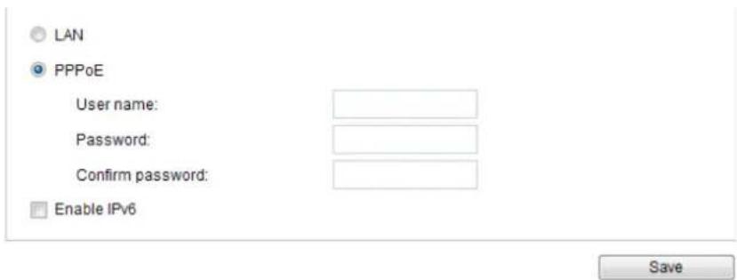 LAN PPPoE User name: Password: Confirm password: Enable IPv6 Save