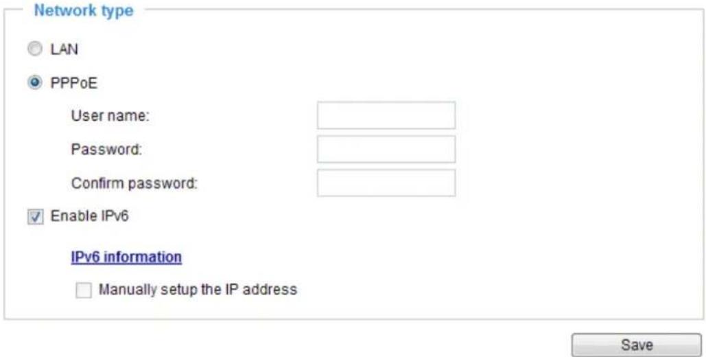 Network type LAN PPPoE User name: Password: Confirm password: Enable IPv6 IPv6 information Manually setup the IP address Save
