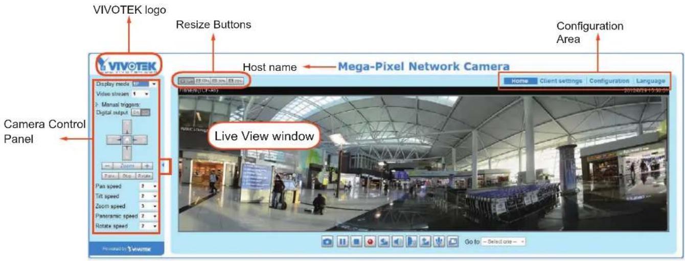 VIVOTEK logo Resize Buttons Camera Control Panel Host name Mega-Pixel Network Camera Live View window VIVOTEK Display mode Video stream Manual triggers Digital output Zoom Pan speed Tilt speed Zoom speed Panoramic speed Rotate speed Home Client settings Configuration Language 2012/07/24 12:30:00 Go to -Select one