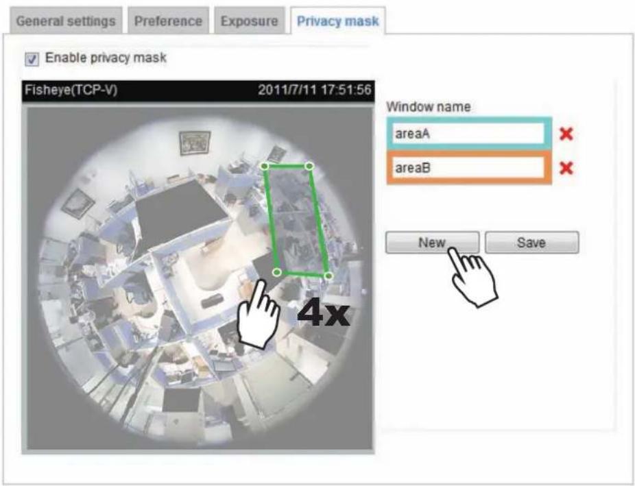 General settings Preference Exposure Privacy mask Enable privacy mask Fisheye(TCP-V) 2011/7/11 17:51:56 Window name areaA areaB New Save 4x