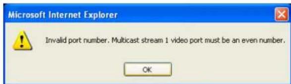 Microsoft Internet Explorer Invalid port number. Multicast stream 1 video port must be an even number. OK