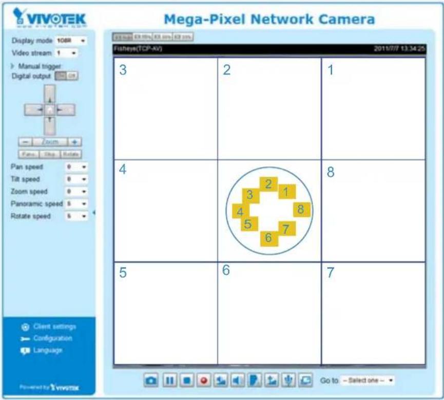 Mega-Pixel Network Camera Display mode 106R Video stream 1 Manual trigger Digital output Pan speed 0 Tilt speed 0 Zoom speed 0 Panoramic speed 5 Rotate speed 5 3 2 1 4 8 5 6 7 Client settings Configuration Language Powered by VIVOTEK
