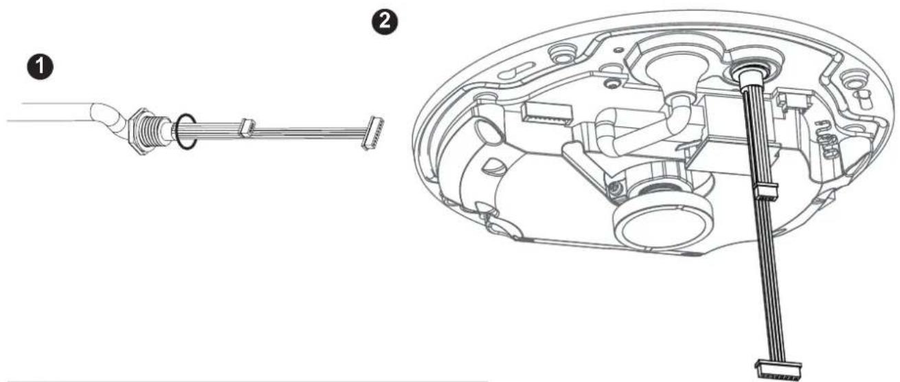 Technical diagram showing assembly of a cable connector with labeled parts and internal components