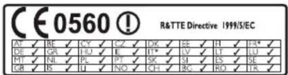 CE0560 ! R&TTE Directive 1999/5/EC AT ✓ BE ✓ CY ✓ CZ ✓ DK ✓ EE ✓ H ✓ FR* ✓ DE ✓ GR ✓ HU ✓ EI ✓ IT* ✓ LV ✓ LT ✓ LU ✓ MT ✓ NL ✓ PL ✓ PI ✓ SK ✓ SI ✓ ES ✓ SE ✓ GB ✓ IS ✓ LI ✓ NO ✓ CH ✓ RO ✓ RO ✓ TR ✓