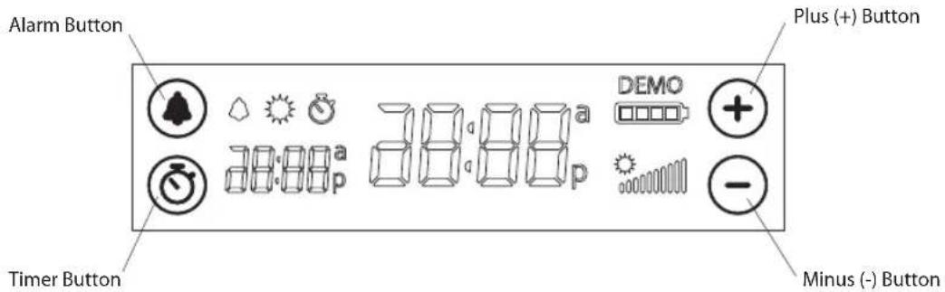 Alarm Button Timer Button Plus (+) Button DEMO 78:88 a 38:88 p 78:88 p Minus (-) Button