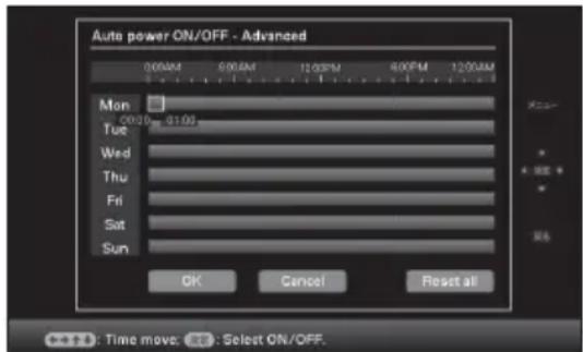 Auto power ON/OFF - Advanced 00:00 AM 6:00 AM 12:00 PM 8:00 PM 12:00 AM Mon Tue Wed Thu Fri Sat Sun OK Cancel Reset all + : Time move: [ ] : Select ON/OFF.