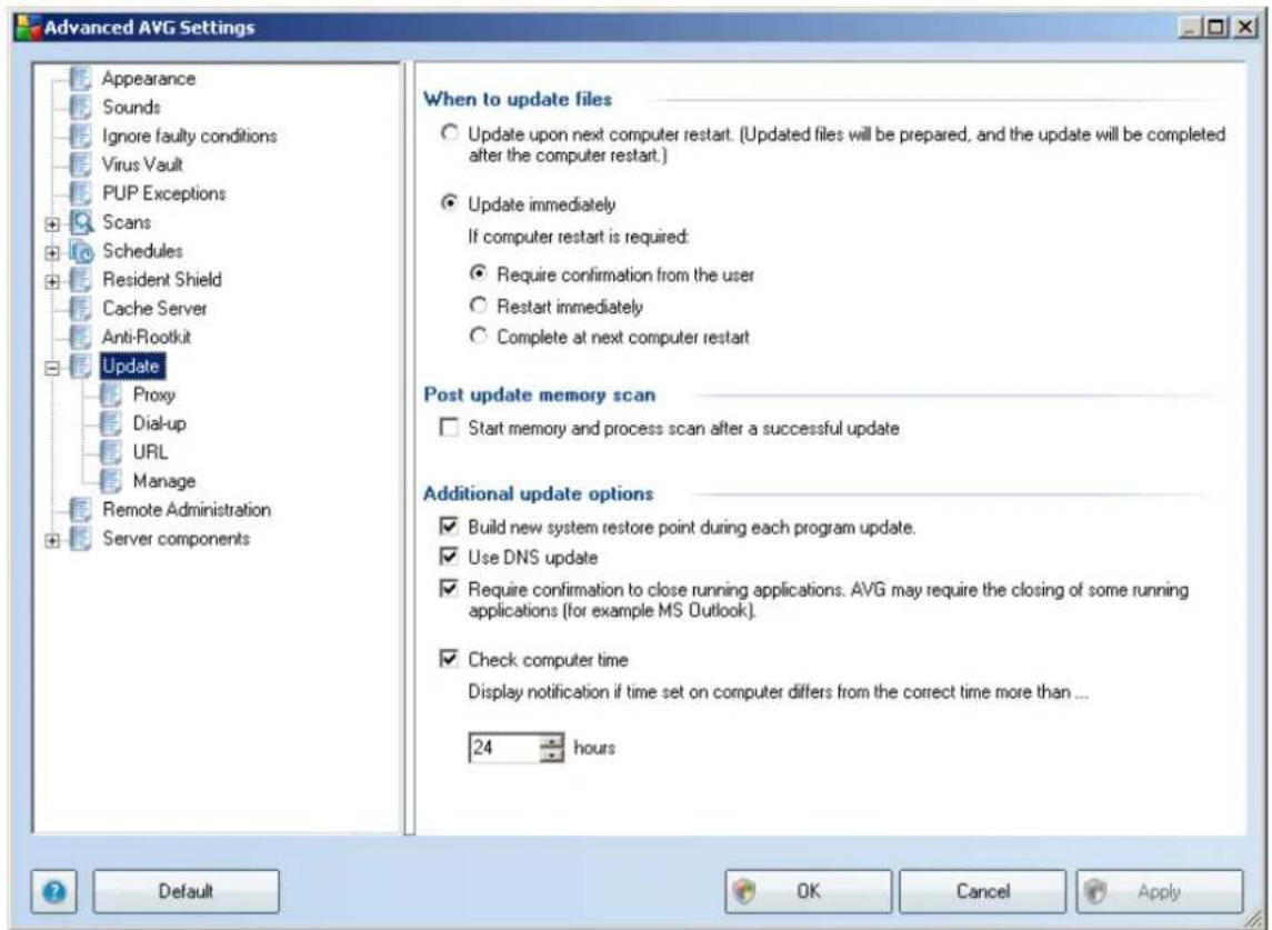 Advanced AVG Settings Appearance Sounds Ignore faulty conditions Virus Vault PUP Exceptions Scans Schedules Resident Shield Cache Server Anti-Rootkit Update Proxy Dial-up URL Manage Remote Administration Server components When to update files Update upon next computer restart. (Updated files will be prepared, and the update will be completed after the computer restart.) Update immediately If computer restart is required: Require confirmation from the user Restart immediately Complete at next computer restart Post update memory scan Start memory and process scan after a successful update Additional update options Build new system restore point during each program update. Use DNS update Require confirmation to close running applications. AVG may require the closing of some running applications (for example MS Outlook). Check computer time Display notification if time set on computer differs from the correct time more than ... 24 hours Default OK Cancel Apply