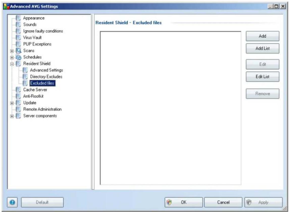 Advanced AVG Settings Appearance Sounds Ignore faulty conditions Virus Vault PUP Exceptions Scans Schedules Resident Shield Advanced Settings Directory Excludes Excluded files Cache Server Anti-Rootkit Update Remote Administration Server components Resident Shield - Excluded files Add Add List Edit Edit List Remove Default OK Cancel Apply