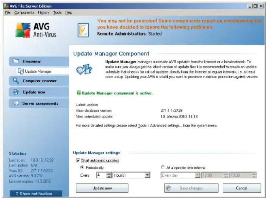 AVG File Server Edition File Components History Tools Help AVG Anti-Virus You may not be protected! Some components report an error/warning but you have decided to ignore the following problems: Remote Administration: Started Update Manager Component Update Manager manages automatic AVG updates from the Internet or a local network. To make sure you always get the latest version of update files it is recommended to create an update schedule that checks for critical updates directly from the Internet at regular intervals, i.e. at least once a day. Updating your AVG is vital if you want to preserve maximum protection against viruses. Update Manager component is active. Latest update: Virus database version: 271.1.1/2729 Next scheduled update 10. birezna 2010.14:13 For more detailed settings please select Tools / Advanced settings... from the system menu. Statistics Last scan: 10.310.12.02 Last update: N/A Virus DB: 271.1.1/2729 AVG version: 9.0.752 License expires: 13.3.2010 Update Manager settings ✓ Start automatic updates ● Periodically Every 4 Hour(s) At a specific time interval Every day 17:00 19:00 Update now Save changes Cancel