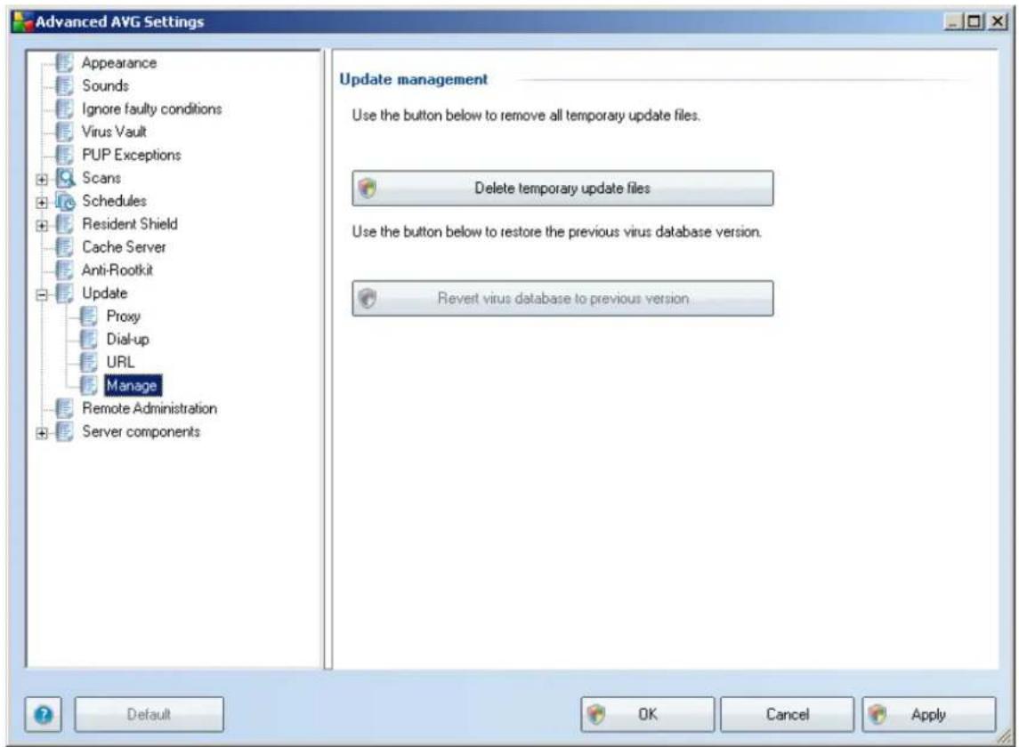 Advanced AVG Settings Appearance Sounds Ignore faulty conditions Virus Vault PUP Exceptions Scans Schedules Resident Shield Cache Server Anti-Rootkit Update Proxy Dial-up URL Manage Remote Administration Server components Update management Use the button below to remove all temporary update files. Delete temporary update files Use the button below to restore the previous virus database version. Revert virus database to previous version. Default OK Cancel Apply