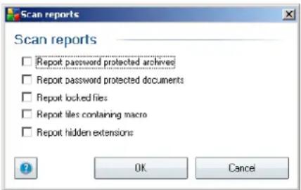 Scan reports Report password protected archives Report password protected documents Report locked files Report tiles containing macro Report hidden extensions OK Cancel