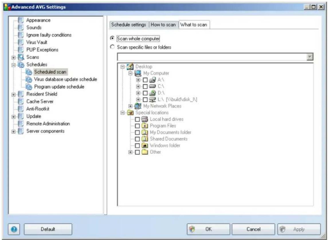 Advanced AVG Settings Appearance Sounds Ignore faulty conditions Virus Vault PUP Exceptions Scans Schedules Scheduled scan Virus database update schedule Program update schedule Resident Shield Cache Server Anti-Rootkit Update Remote Administration Server components Schedule settings How to scan What to scan Scan whole computer Scan specific files or folders Desktop My Computer A:\ C:\ D:\ L:\ [\\build\\disk_\ My Network Places Special locations Local hard drives Program Files My Documents folder Shared Documents Windows folder Other Default OK Cancel Apply