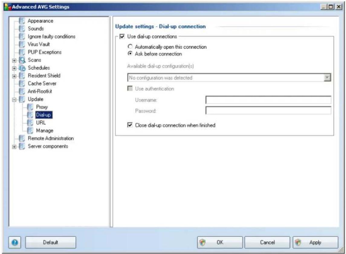 Advanced AVG Settings Appearance Sounds Ignore faulty conditions Virus Vault PUP Exceptions Scans Schedules Resident Shield Cache Server Anti-Rootkit Update Proxy Dial-up URL Manage Remote Administration Server components Update settings - Dial-up connection Use dial-up connections Automatically open this connection Ask before connection Available dial-up configuration(s) No configuration was detected Use authentication Username: Password: Close dial-up connection when finished Default OK Cancel Apply