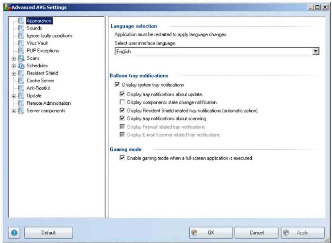 Advanced AVG Settings Appearance Sounds Ignore faulty conditions Virus Vault PUP Exceptions Scans Schedules Resident Shield Cache Server Anti-Rootkit Update Remote Administration Server components Language selection Application must be restarted to apply language changes. Select user interface language: English Balloon tray notifications ✓ Display system tray notifications ✓ Display tray notifications about update. ☐ Display components state change notification. ✓ Display Resident Shield related tray notifications (automatic action). ✓ Display tray notifications about scanning. ✓ Display Firewall related tray notifications. ✓ Display E-mail Scanner related tray notifications. Gaming mode ✓ Enable gaming mode when a full-screen application is executed. Default OK Cancel Apply