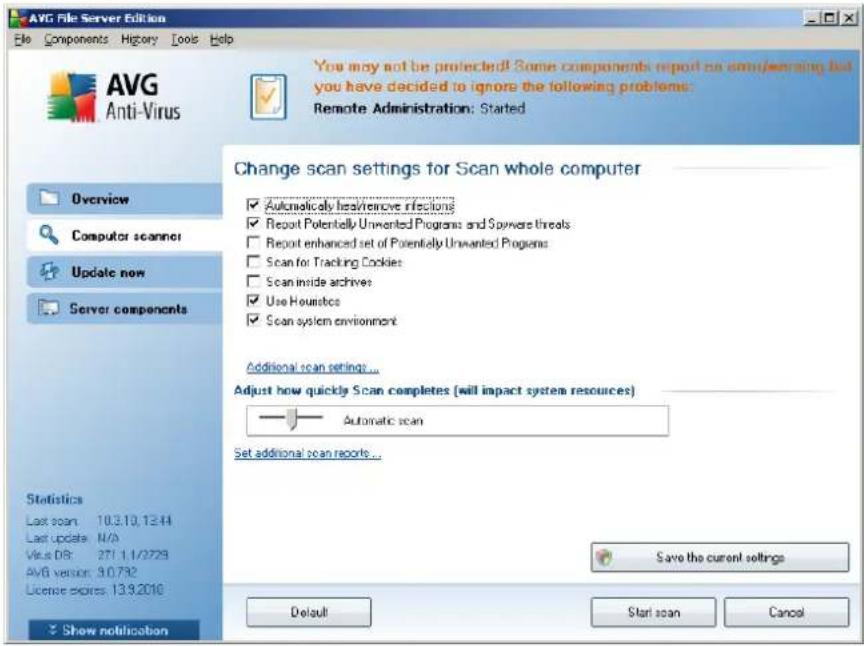 AVG File Server Edition File Components History Tools Help AVG Anti-Virus You may not be protected? Some components report no consulting but you have decided to ignore the following problems: Remote Administration: Started Change scan settings for Scan whole computer ✓ Automatically heavy/remove infections ✓ Report Potentially Unwanted Programs and Sparse threats ✓ Report enhanced set of Potentially Unwanted Programs ✓ Scan for Tracking Cookies ✓ Scan inside archives ✓ Use Houndatics ✓ Scan system environment Additional scan settings... Adjust how quickly Scan completes (will impact system resources) Automatic scan Set additional scan reports... Save the current settings Default Start scan Cancel Overview Computer scanner Update now Server components Statistics Last scan 10.3.10.13.44 Last update N/A Visa DR 271.1.1/2729 AVG version 3.0.792 License serials 13.9.2016 Show notification