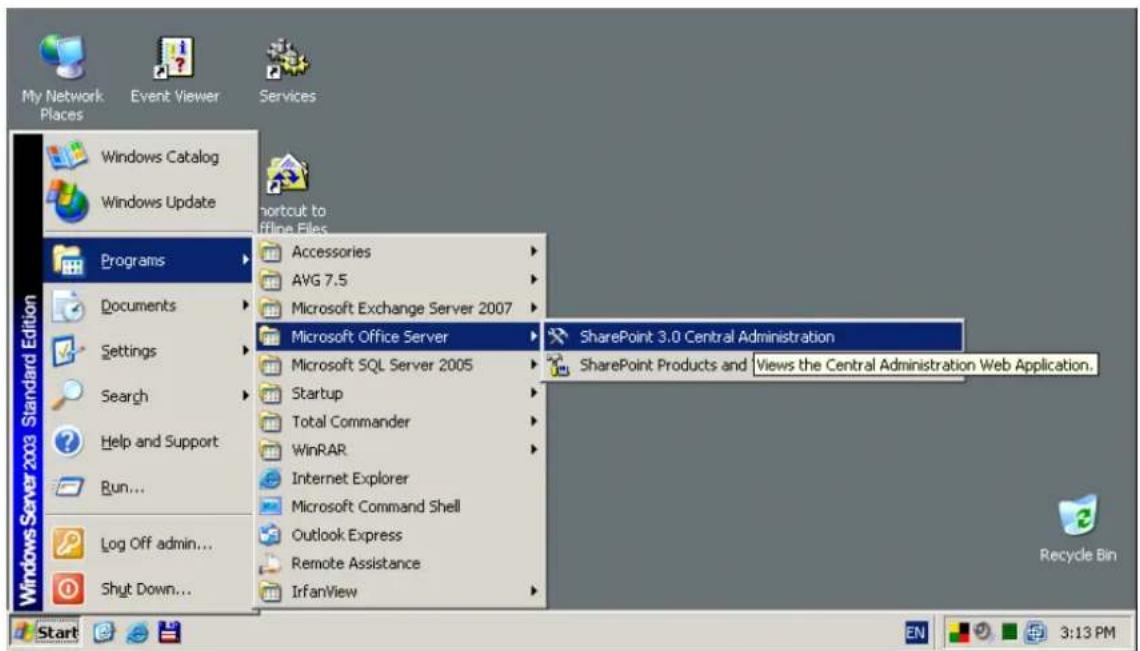 My Network Places Event Viewer Services Windows Catalog Windows Update Programs Documents Settings Search Help and Support Run... Log Off admin... Shut Down... Horizontal to Offline Files Accessories AVG 7.5 Microsoft Exchange Server 2007 Microsoft Office Server Microsoft SQL Server 2005 Startup Total Commander WinRAR Internet Explorer Microsoft Command Shell Outlook Express Remote Assistance IrfanView SharePoint 3.0 Central Administration SharePoint Products and Views the Central Administration Web Application. Windows Server 2003 Standard Edition Recycle Bin Start