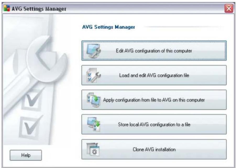AVG Settings Manager AVG Settings Manager Edit AVG configuration of this computer Load and edit AVG configuration file Apply configuration from file to AVG on this computer Store local AVG configuration to a file Clone AVG installation Help