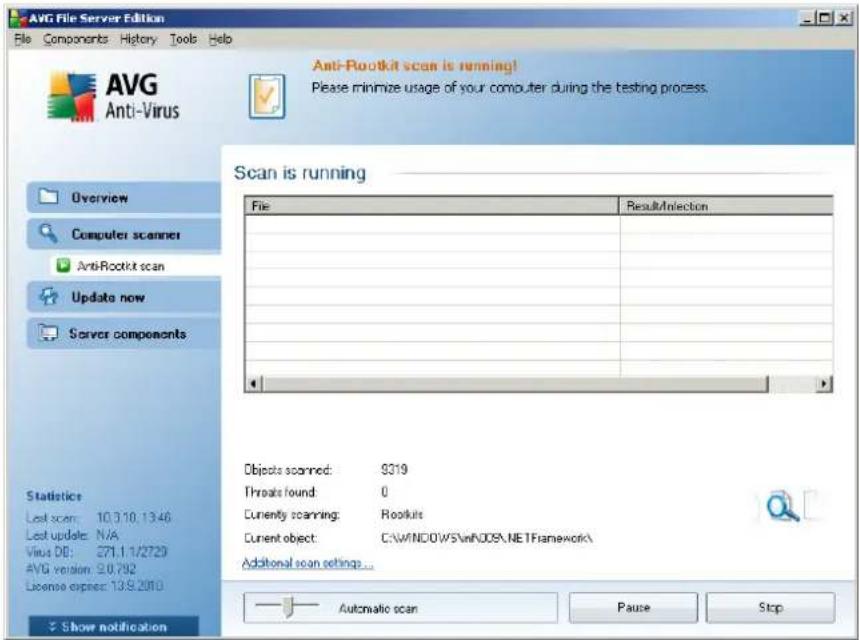 AVG File Server Edition File Components History Tools Help AVG Anti-Virus Anti-Rootkit scan is running! Please minimize usage of your computer during the testing process. Scan is running File Result/Injection Objects scanned: S319 Threats found: 0 Currently scanning: Rootkits Current object: C:\WINDOWS\WINDOWS.NETFramework\ Additional scan settings... Automatic scan Pause Stop Overview Computer scanner Anti-Rootkit scan Update now Server components Statistics Last scan: 10.3.10, 13.46 Last update: N/A Virus DB: 271.1.1/2729 AVG version: 2.0.792 License expn: 13.9.2010 Show notification