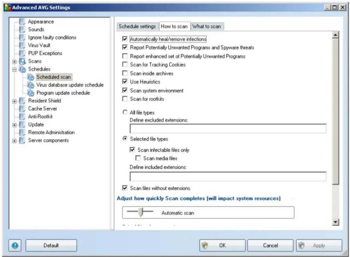 Advanced AVG Settings Appearance Sounds Ignore faulty conditions Virus Vault PUP Exceptions Scans Schedules Scheduled scan Virus database update schedule Program update schedule Resident Shield Cache Server Anti-Rootkit Update Remote Administration Server components Schedule settings How to scan What to scan ✓ Automatically heal/remove infections ✓ Report Potentially Unwanted Programs and Spyware threats ✓ Report enhanced set of Potentially Unwanted Programs ✓ Scan for Tracking Cookies ✓ Scan inside archives ✓ Use Heuristics ✓ Scan system environment ✓ Scan for rootkits ○ All file types Define excluded extensions: ● Selected file types ✓ Scan infectable files only □ Scan media files Define included extensions: ✓ Scan files without extensions. Adjust how quickly Scan completes (will impact system resources) Automatic scan Default OK Cancel Apply