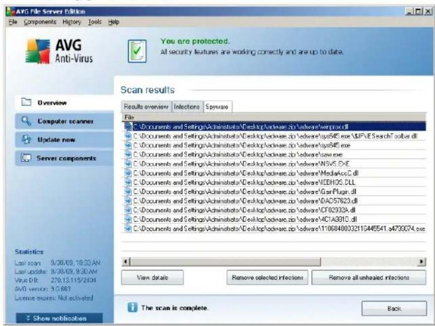 AVG File Server Edition File Components History Tools Help AVG Anti-Virus You are protected. All security features are working correctly and are up to date. Overview Computer scanner Update now Server components Scan results Results overview Infections Spyware File C:\Documents and Settings\Administrator\Desktop\adware.zip\adware\wenpxx.dll C:\Documents and Settings\Administrator\Desktop\adware.zip\adware\sys45.exe\MFVESearchToolbar.dll C:\Documents and Settings\Administrator\Desktop\adware.zip\adware\sys45.exe C:\Documents and Settings\Administrator\Desktop\adware.zip\adware\saw.exe C:\Documents and Settings\Administrator\Desktop\adware.zip\adware\NSVS.EXE C:\Documents and Settings\Administrator\Desktop\adware.zip\adware MediaAcc.DLL C:\Documents and Settings\Administrator\Desktop\adware.zip\adware\NEBHOS.DLL C:\Documents and Settings\Administrator\Desktop\adware.zip\adware\GarPlugin.dll C:\Documents and Settings\Administrator\Desktop\adware.zip\adware\DAD57620.dll C:\Documents and Settings\Administrator\Desktop\adware.zip\adware\CF02932A.dll C:\Documents and Settings\Administrator\Desktop\adware.zip\adware\4C1A8910.dll C:\Documents and Settings\Administrator\Desktop\adware.zip\adware\1106948003211G445541.s4739074.exe Statistics Last scan: 9/30/09, 10:33 AM Last update: 9/30/09, 9:30 AM Virus DB: 270.13.115/2104 AVG version: 9.0.863 License marks: Not activated Show notification View details Remove selected infections Remove all unhealed infections The scan is complete Back