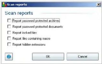 Scan reports Report password protected archives Report password protected documents Report locked files Report files containing macro Report hidden extensions OK Cancel