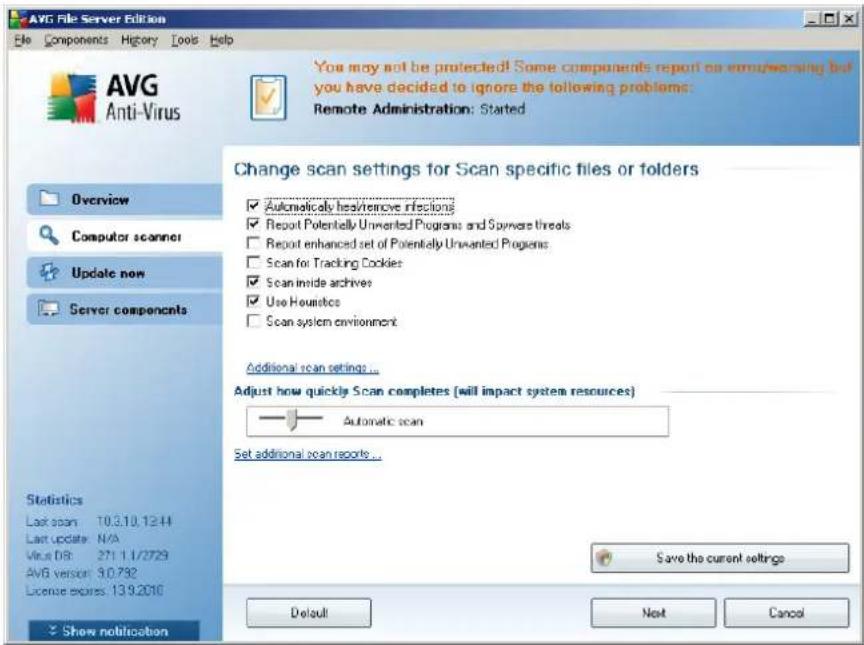 AVG File Server Edition File Components History Tools Help AVG Anti-Virus You may not be protected! Some components report on enough warning but you have decided to ignore the following problems: Remote Administration: Started Change scan settings for Scan specific files or folders ✓ Automatically heavy/remove infections ✓ Report Potentially Unwanted Programs and Sparse threats ✓ Report enhanced set of Potentially Unwanted Programs ✓ Scan for Tracking Cookies ✓ Scan inside archives ✓ Use Heumatics ✓ Scan system environment Additional scan settings... Adjust how quickly Scan completes (will impact system resources) Automatic scan Set additional scan reports... Save the current settings Default Next Cancel Overview Computer scanner Update non Server components Statistics Last scan 10.3.10.12.44 Last update N/A Virus DR 271.1.1/2729 AVG version 3.0.732 License scores 139.2016 Show notification